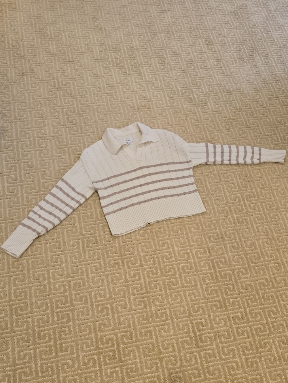 Pistola Cream Ribbed Collared V-Neck Sweater with Taupe Stripes, Size S